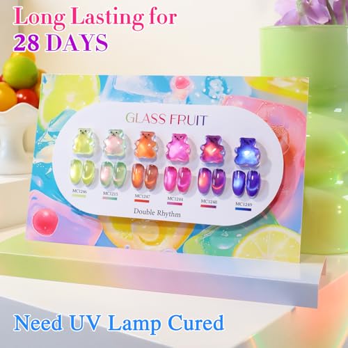 Double Rhythm Fruit Cat Eye Gel Nail Polish Set of 6 Same Color Same Bottle 0.5 Oz Shimmer Glitter with Magnet Holographic Reflective Magnetic UV Polish Kit at Home (Glass Rose Pink Green-T6-48) - color: Glass Fruit Purple Rose