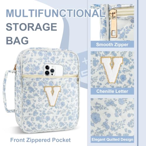 Personalized Initial Bible Cover Case for Women Girls Kid - Large Quilted Bible Case with Handle,Chenille Letter Bag Study Supplies,Christmas Gifts for Christians Birthday Graduation(Blue Flower-V) - color: Blue Flower, size: letter-V