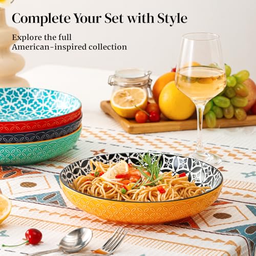 DOWAN 10" Vibrant Pasta, Salad & Soup Serving Bowls Set of 4, Embossed Large Porcelain Ceramic, Microwave & Dishwasher Safe, Bonita Design Dinnerware Dishes for Daily Dining, Family Gatherings, Party - size: 10 IN