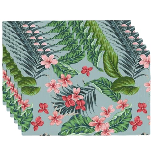 Tropical Flowers Hawaiian Plants Placemats Set of 6 12x18 Inch - color: Red Green, size: Set of 6