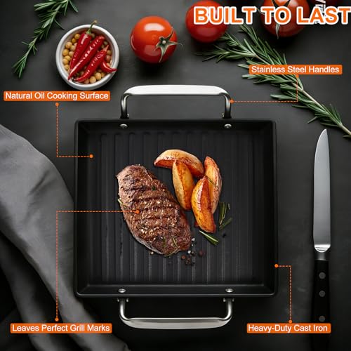 8.6 Inch Stove Top Cast Iron Grill Pan, Medium Pre-Seasoned Ribbed Skillet - size: 15.8" x 8.6" x 1"
