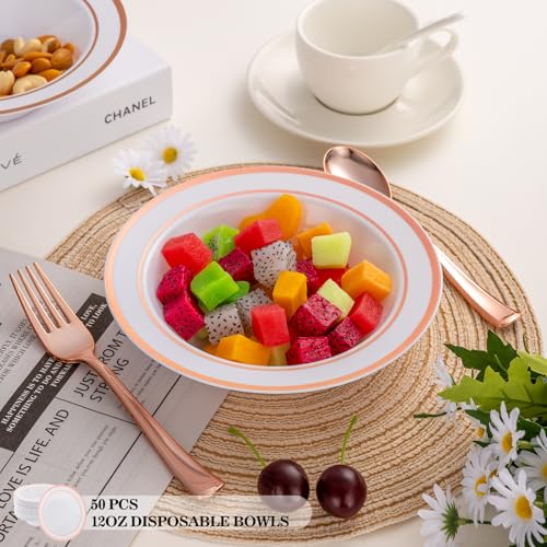 realluck 100 Pack White Disposable Soup Bowls with Rose Gold Rim - color: Rose Gold, size: 100Pack