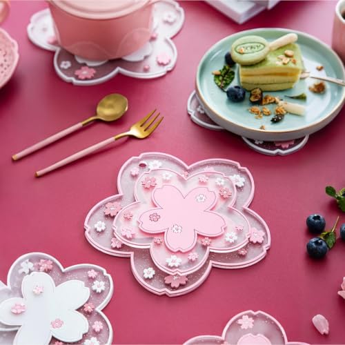 Kawaii Pot Holders for Kitchen Essentials Decor Pink Cherry Blossom Decor - size: Trivets 2pcs