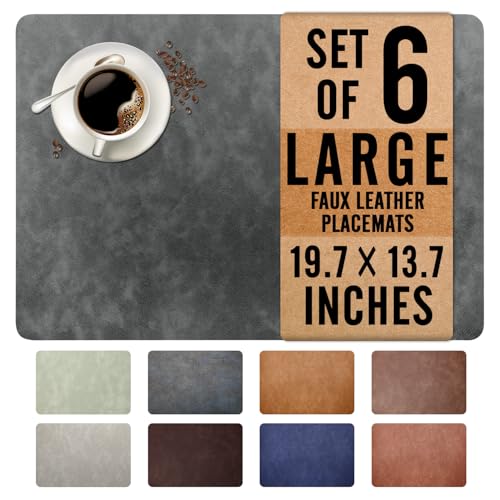 UnivoColors Washed Cowhide Pattern Faux Leather Big Size Placemats Set of 6, Waterproof Easy to Clean Anti-Slip PU Table Mats for Party Decoration19.7″×13.6″,Dark Grey Retro Cowhide Pattern - color: Dark Grey