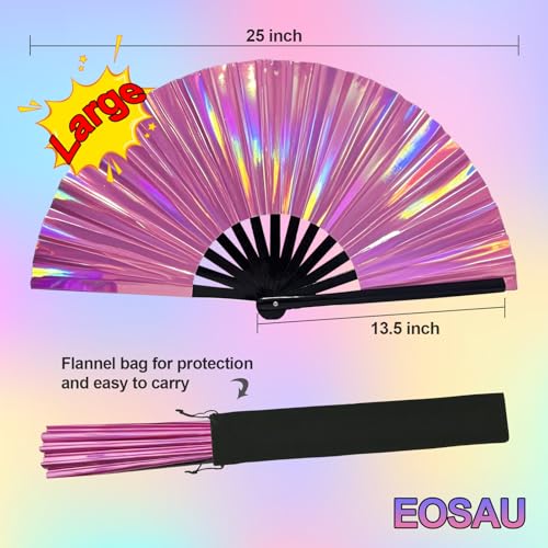 EOSAU Large Holographic Rave Fan, Folding Hand Fans for Line Dancing, Pink - color: 13" Pink 01