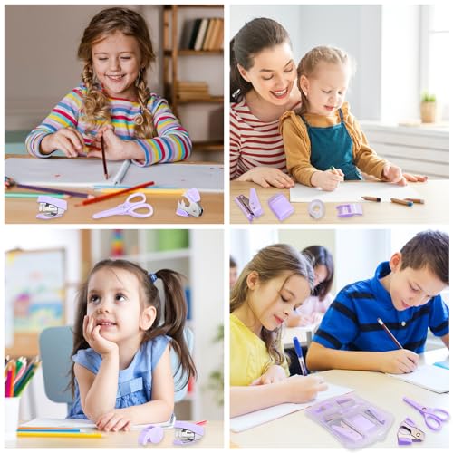 8 Pack Mini Office Supply Kits Mini School Supplies – Includes Mini Stapler, Scissors, Staple Remover, Puncher, Pencil Sharpener, Tape Dispenser (Purple) - color: Purple