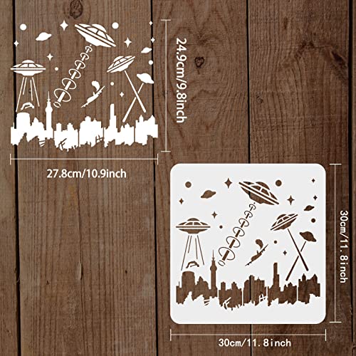 FINGERINSPIRE UFO Attack on City Stencil 11.8x11.8inch, Alien Template Stencils UFO Spaceship Humans City Buildings Pattern PET Reusable Large Stencils for Painting on Wood, Floor, Wall, Fabric - color: UFO Attack City