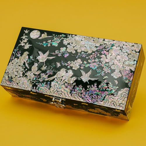 February Mountain Mother of Pearl Jewelry Box with Removable Ring Tray - Gifts for Women Birthday Wedding Christmas - style: Birds