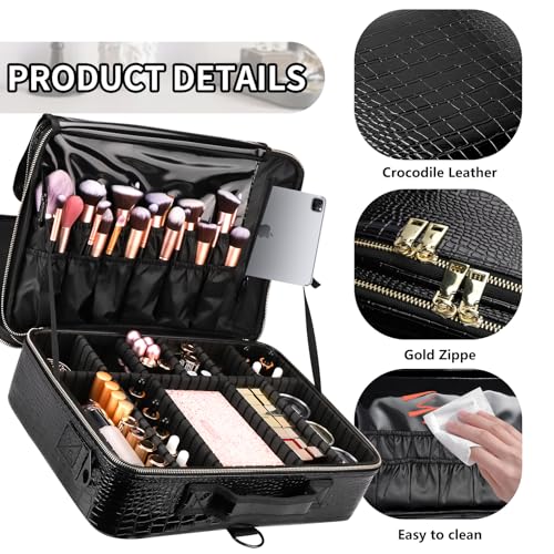 gzcz Large Capacity Travel Makeup Case Organizer,Professional Cosmetic Bags for Women,Waterproof PU Leather Makeup Bag with Adjustable Dividers and Shoulder Strap for Brushes and Jewelry - color: Black Crocodile Pattern, size: Large