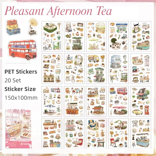 Afternoon Tea Series Sticker Scrapbooking Supplies for Junk Journal, 20 Sheets PET Stickers - color: Afternoon Tea Series