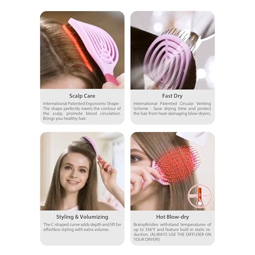 NuWay® C Brush® Patented Scalp Care Hair Brush – Ergonomic Curve Design for Gentle Scalp Massage, Blow-Dry Styling & Wet or Dry Hair (Pink Petal) - color: Pink Petal