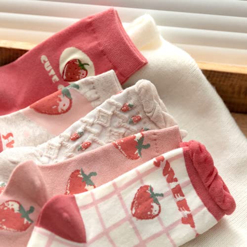 OTAODKA Cute Cotton Socks for Women Novelty Ankle Athletics Sock - color: 5 Pack Strawberry