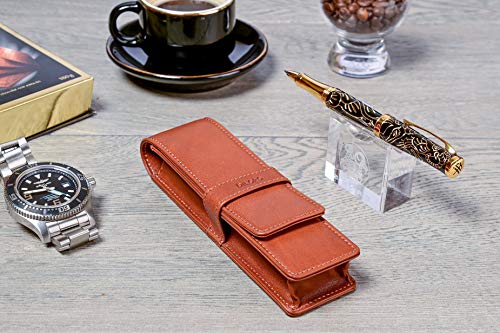 DiLoro Leather Double Pen Case Pencil Pouch Holder for Two Fountain Pens Ballpoint Rollerball and Pencils (Bugatti Tan) - color: Bugatti Tan