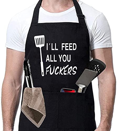 Rosoz Funny Black Chef Aprons for Men BBQ Grill Kitchen Cooking Aprons - color: I'll Feed All You