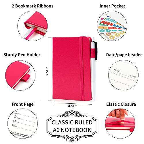 feela 3 Pack Pocket Small Notebook Journals, Mini Cute Memo Notepad Hardcover College Ruled Lined Journals with Pen Holder for Women Girls Office School, with 3 Black Pens, 3.5”x 5.5”, A6, Berry - color: A6 3 Berry
