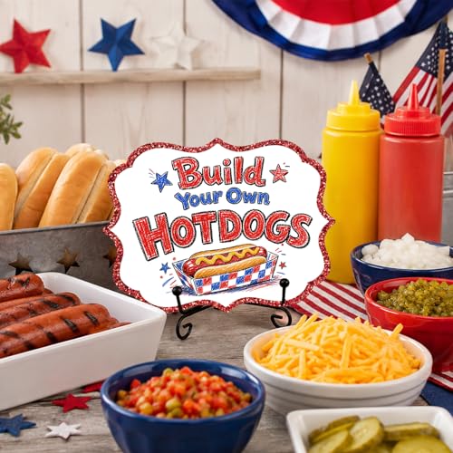 Wooden Patriotic Table Sign for Hot Dog Station, Fourth of July BBQ Buffet Decor with Metal Stand, 5 x 7 Inch Independence Day Food Display for Food Truck, Restaurant, Summer Party - A03 - color: DLR A03
