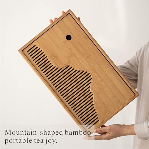 Bamboo Tea Tray & Table Set - Chinese Gongfu Tea Serving Tray with Tea Brush, Compact & Portable (11.8 Inch) - color: primary colours