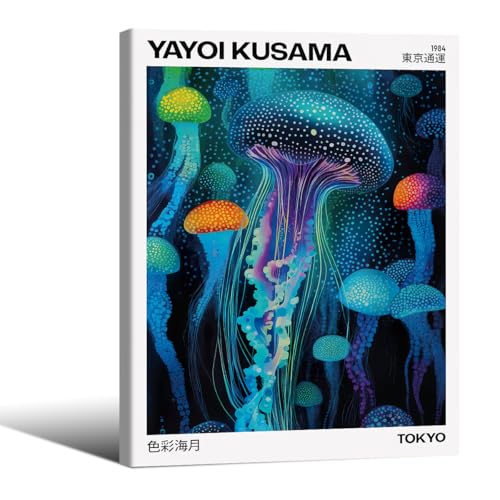 Colorful Ocean Jellyfish Wall Art Unique Japanese Animal Posters Yayoi Kusama Canvas Prints 08x10 inch Framed for Living Room Bedroom Wall Decor - color: Trendy 4-WFramed, size: 10"L x 8"W