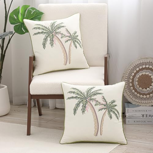 Embroidered Throw Pillow Covers 18x18 Pack of 2 Green and Pink - color: Green Pink Coconut Trees