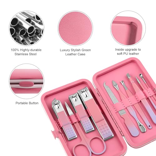 Manicure Set, Travel Mini Nail Clippers Kit Pedicure Care Tools, 10pcs Stainless Steel Grooming kit (Pink Purple) - color: Pink Purple