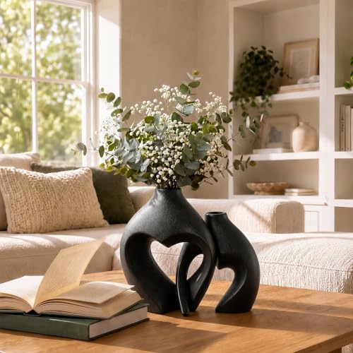 Modern Ceramic Flower Vases Home Decor Heart Shaped Vase Set of 2 Black - color: Black