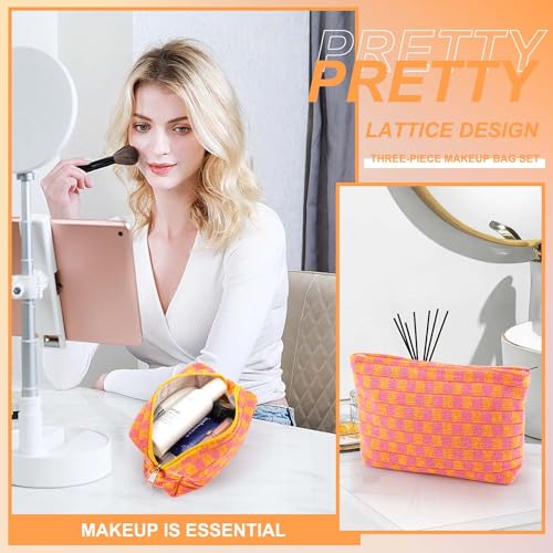 EIMMBD Makeup Bag 3 Pieces Large Capacity Checkered Cosmetic Bags Travel Toiletry Bag Organizer Cute Makeup Pouch Storage for Women(Orange & Pink) - color: Orange & Pink