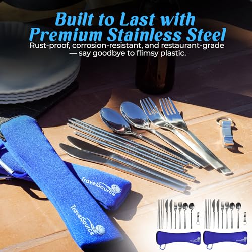 Camping Travel Utensils with Case - 4 Sets DURABLE Fork, Spoon, Knife Silverware - Reusable Portable Hiking Camping Lunch Cutlery & Chopsticks - Family Mess Kit - Stainless Steel