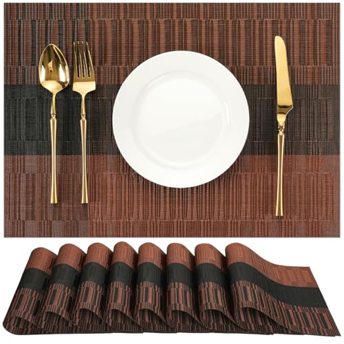 Placemats Set of 8, Vinyl Woven Heat-Resistant Place Mats - color: Black Brown, size: Set of 8