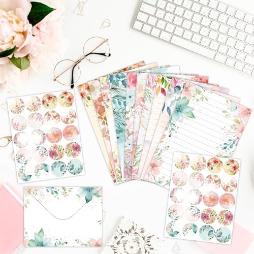 Stationery Paper Envelopes Set 160 Pcs - 50 Lined Writing Paper, 50 Envelopes, 60 Dot Stickers, Vintage/Floral/Leaf/Watercolor Multi-Style Options (STATIONERY-160PCS-FLORAL) - style: FLORAL