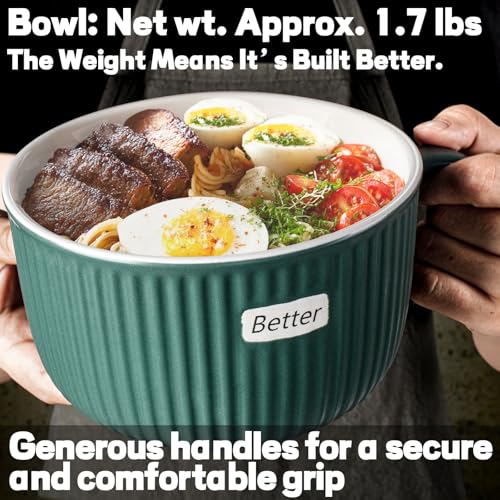 Artena 38 oz Soup Bowls with Handles, Lids, Spoons & Chopsticks – 6 Inch Large Microwave Safe Ceramic Ramen Bowls, Soup Mugs & Cereal Bowls for Instant Noodles, Oatmeal, Meal Prep (Green-Set of 2) - color: Green-Set of 2