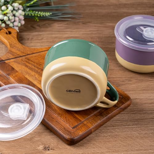 GBhome Ceramic Soup Mugs with Handles and Lids,24 OZ Soup Cups Set of 2 - color: Green&Purple