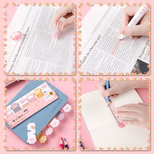 8 Pcs Cute Cat Paw Stationery Set Kawaii School Office Supplies Including Eraser Correction Tape Highlighters Sticky Notes Ruler for Cat Lovers Students (Pink) - style: Style D (Pink)