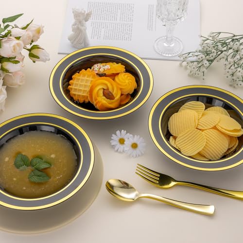 realluck 100 Pack Black Disposable Soup Bowls with Gold Rim - color: Black, size: 100Pack
