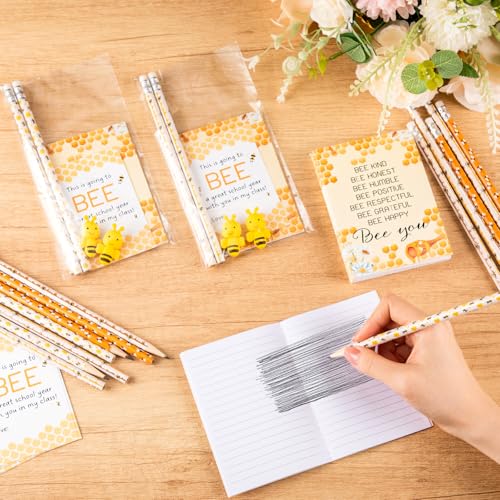 Fuyoooo 36 Sets Bee Party Favor Bulk Inspirational Notepads Pencil Mini Erasers Greeting Card Bee Themed Classroom Decor Party Supplies School (Cute)