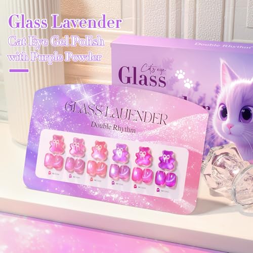 Double Rhythm Cat Eye Gel Nail Polish Set of 6 Same Color Same Bottle 0.5 Oz Shimmer Glitter with Magnet Holographic Reflective Magnetic UV Polish Kit at Home (Glass Purple Lavender -T6-47) - color: Glass Lavender