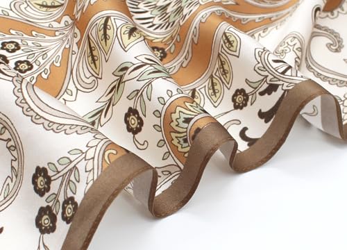 ANDANTINO 100% Mulberry Silk Scarf -Women 35" Square Hair Wraps-Gift Packed - color: Floral-light Brown