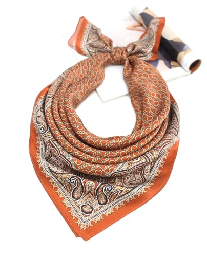 ANDANTINO 100% Mulberry Silk Scarf -Women 35" Square Hair Wraps-Gift Packed - color: Chains-caramel