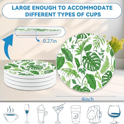 Drinks Coasters Set of 4, Green Palm Leaves Round 4" Cup Coasters, Absorbent Ceramic Stone Coasters with Cork Base, Cute Coasters for Table Home Décor, Ideal Gifts for Women Men - color: Green Palm Leaves