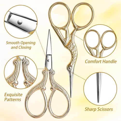 AQUEENLY Embroidery Scissors, Stainless Steel Sharp Stork Scissors for Sewing Crafting, Art Work, Threading, Needlework - DIY Tools Dressmaker Small Shears - 2 Pcs (3.6 Inches, Gold) - color: Gold