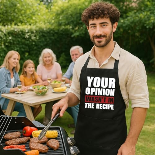 Funny Black Grill Apron with Pockets for Man,Dad,Husband,Father in Law,Chef Daddy Grilling Apron BBQ Cooking Gifts - color: Opinion Wasn't in Recipe