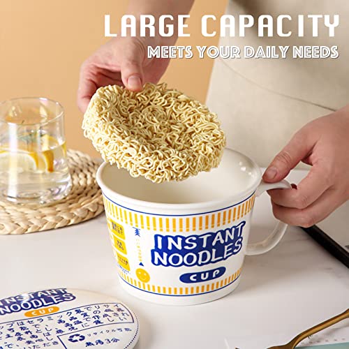 34 OZ Ceramic Ramen Bowl with Lid Instant Ramen Noodle Bowl Large Soup Bowl with Handle, Ramen Lovers Gift, Blue - color: Blue