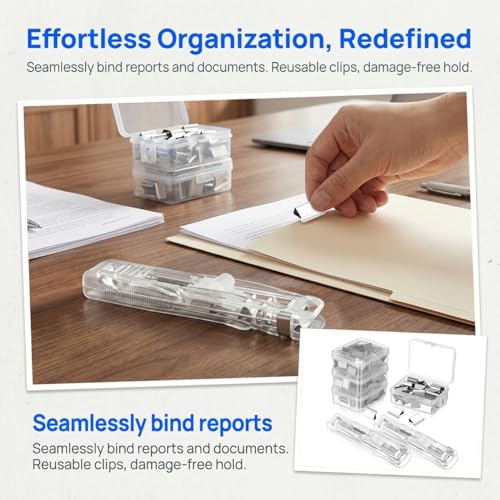 Lurrose Refillable Stapler Set 2 Portable Office Staplers with 200 Reusable Paper Clips Desk Stapler Tool for Document Binding Reports Assignments School Supplies