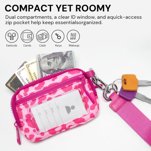 Small Wristlet Wallets for Women with Clear ID Window, Keychain Coin Purse - color: Hot Pink Leopard