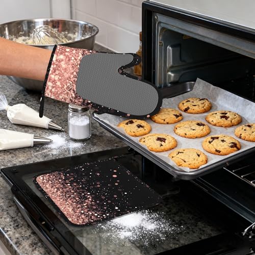 Rose Gold Glitter Silicone Oven Mitts and Pot Holders,Heat-Resistant 4 Piece Kitchen Set Non-Slip Oven Gloves and Hot Pads for Cooking, Baking, Grilling,BBQ - color: Rose Gold Glitter