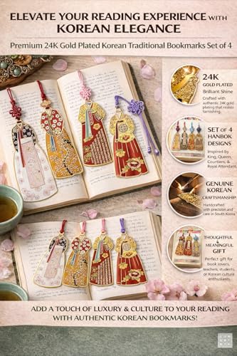 Korean Hanbok Metal Bookmark Set of 4 – Traditional Korean Souvenir Gift with Tassel, Decorative Korean Culture Bookmark, Unique Gift for Book Lovers, Students, Teachers, Reading Accessories