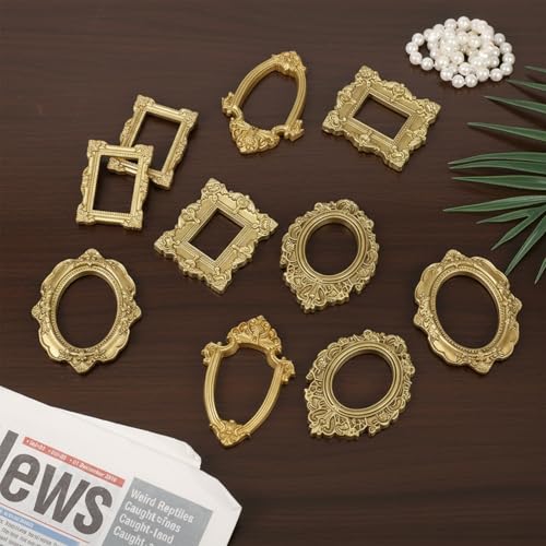 10 Piece Small Gold Frames Small Vintage Resin Picture Frame Oval Rectangle Wall Hanging Display Photo Frames Ornaments for DIY Jewelry Display Party Home Hotel Decor