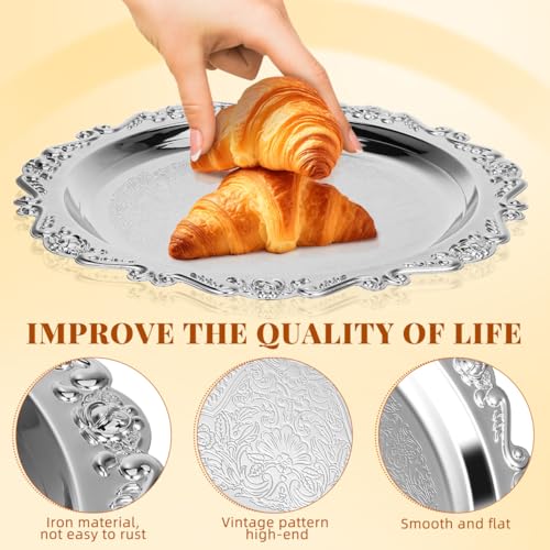 ABOOFAN Vintage Silver Dessert Tray Set of 2, 9.8Inch Round Metal Platter - size: 9.8"