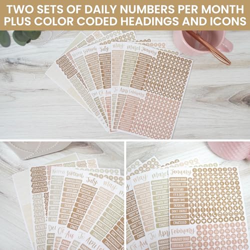 bloom daily planners Muted Neutrals Calendar Essentials Planner Stickers - 8 Sheets, 1629 Stickers Per Pack! - Color Coordinating Monthly Headings, Dates, Icons, Etc. - Aesthetic Boho - color: Aesthetic Boho