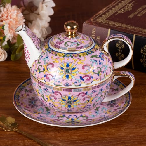 KAMMAK Tea for One Set, Ceramic Teapot, Bone China Tea Set, Cup and Saucer - color: Pink