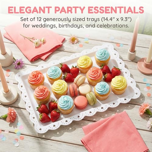 Peohud 12 Pack White Plastic Serving Tray with Lace Rim, Rectangle Food Trays, Disposable Serving Platters and Trays for Party, Wedding, Restaurant, 14.4" x 9.3"